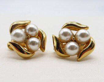 Vintage Napier Earrings Small Faux Pearl Gold Tone Clip-ons