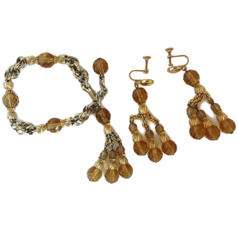 Designer Signed Jewelry Amber Crystal Gold Tone Demi Parure Vintage EISENBERG Bracelet Earrings Set