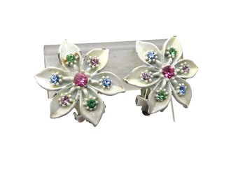 White Flower Earrings, Vintage Rhinestone Studded Clip-ons