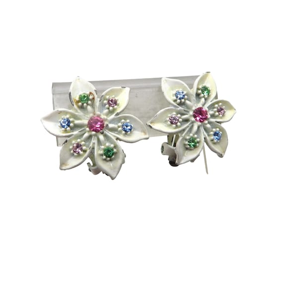 White Flower Earrings, Vintage Rhinestone Studded 