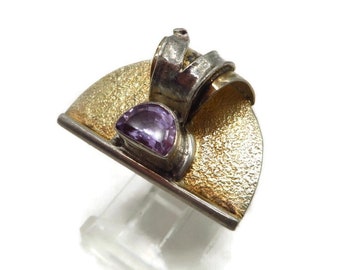 Vintage Gold Plated Shield Ring, Faux Amethyst Two Tone Ring, Size 6