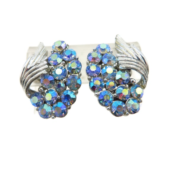 Vintage Coro Blue Rhinestone Earrings, AB Rhinest… - image 1