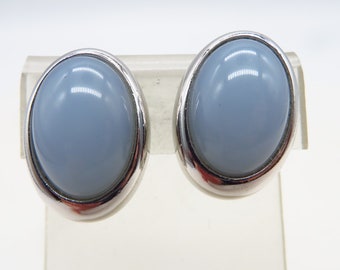 Vintage Trifari Blue Earrings, Oval Lucite Silver Tone Clip-ons