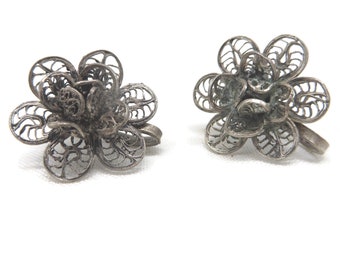 Mexico Silver Earrings, Vintage Floral Filigree Screw Back Earrings