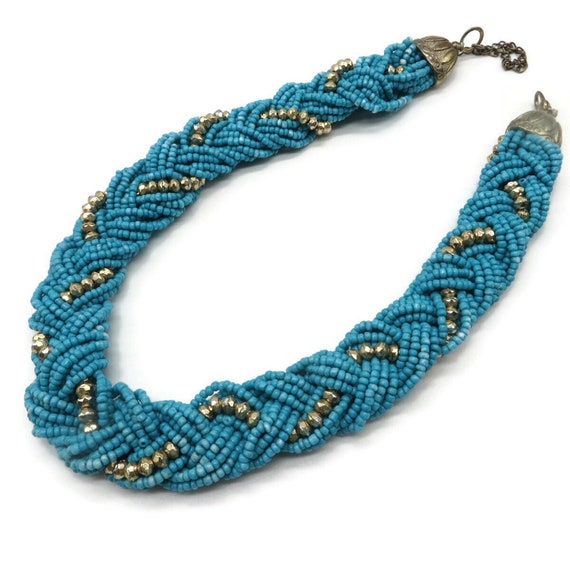 Vintage Braided Turquoise Choker, Gold and Silver… - image 5