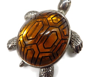 Vintage Turtle Brooch, Orange Glass Silver Tone Pin