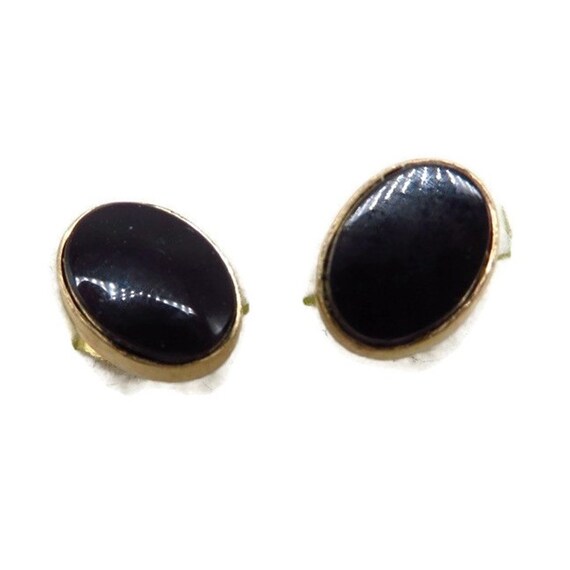 Vintage 14K Gold Onyx Earrings, Oval Pierced Studs - image 1