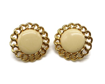 Vintage Napier Earrings, Gold Framed Cream Enamel Button Clip-on Earrings