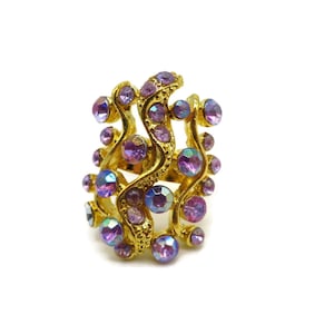Vintage Cocktail Ring Purple Rhinestone Gold Tone Adjustable Fashion Jewelry Size 6.5