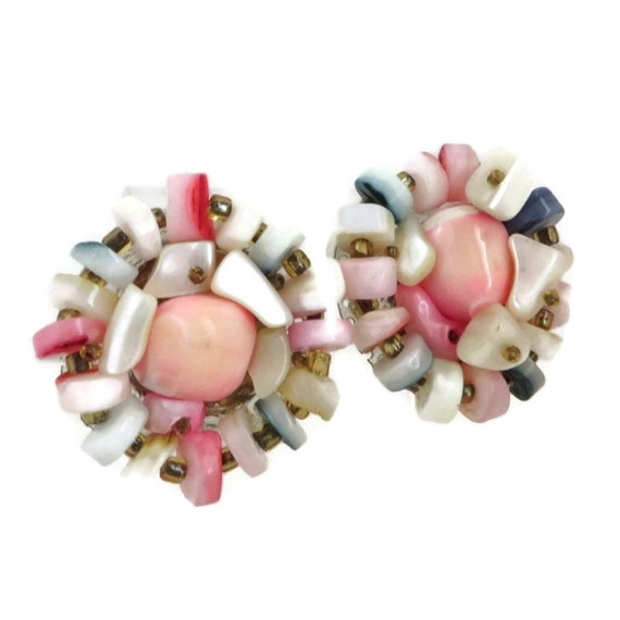 Pink Bead Cluster Earrings, Shells and Beads Clip… - image 2