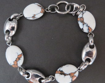 Vintage Bracelet, White Stone and Metal Beaded Bracelet, 7 inch length