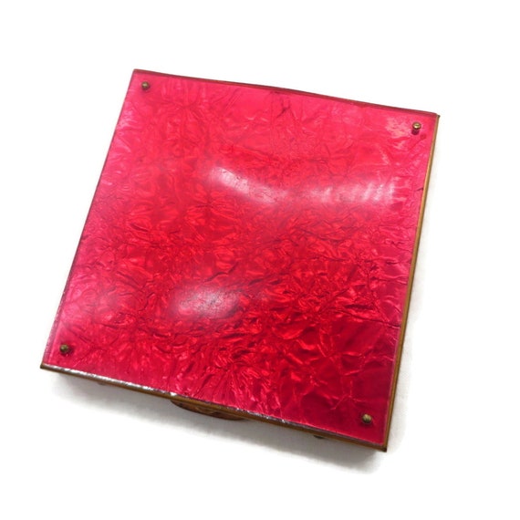 Vintage Compact, Large Iridescent Red Top Makeup … - image 7