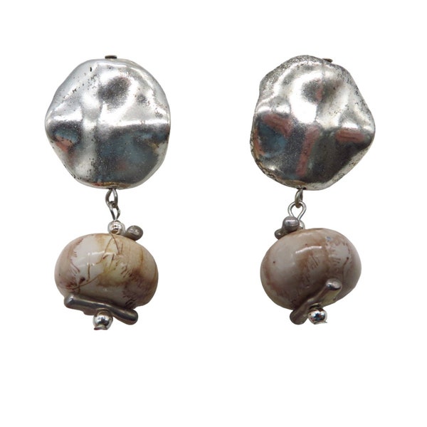 Vintage Dangling Bead Earrings, Silver Plate and Marble Bead Pierced Studs