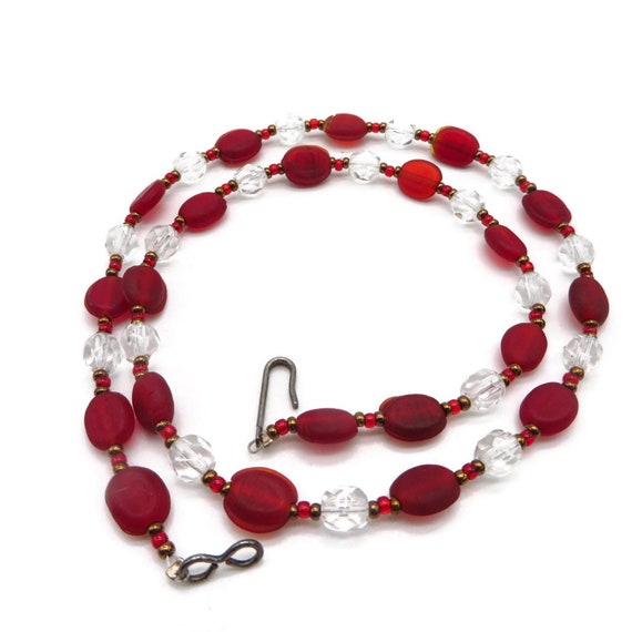 Vintage Beaded Necklace, Red Bead and Clear Rhines