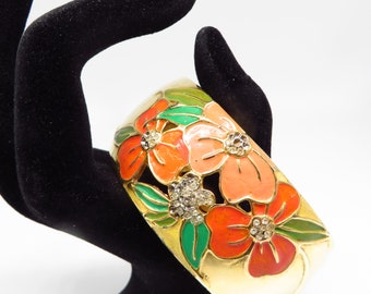 Vintage Cuff, Coral Orange Mint Green Enameled Flowers Bracelet