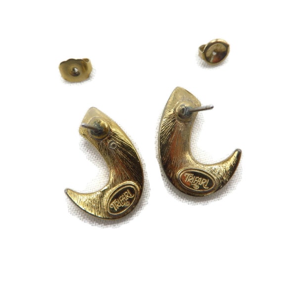 Trifari Pierced Earrings, Faux Pearl Gold Tone St… - image 4