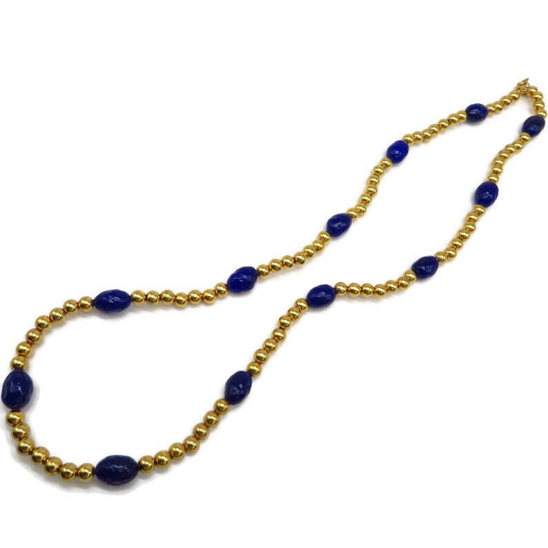 Trifari Beaded Necklace Vintage Gold /& Blue Beads 23 Length