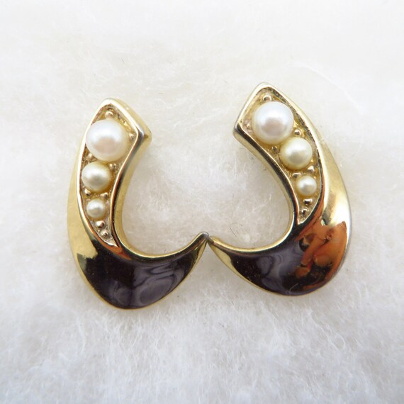 Trifari Pierced Earrings, Faux Pearl Gold Tone St… - image 2