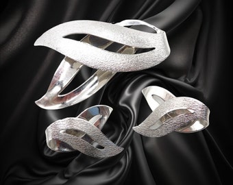 Silver Tone Brooch and Earrings Set, Sarah Coventry "Satin Flame" Demi Parure, Mothers Day Gift