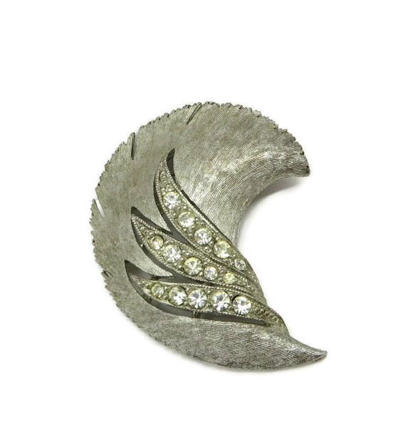 Silver Tone Rhinestone Leaf Pin, Vintage JJ Brooch