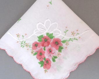 Vintage White Cotton Handkerchief with Printed Pink Flowers and White Scroll