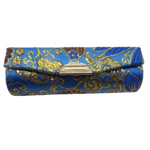Vintage Blue Brocade Mirrored Lipstick Case Collectible Lipstick Holder