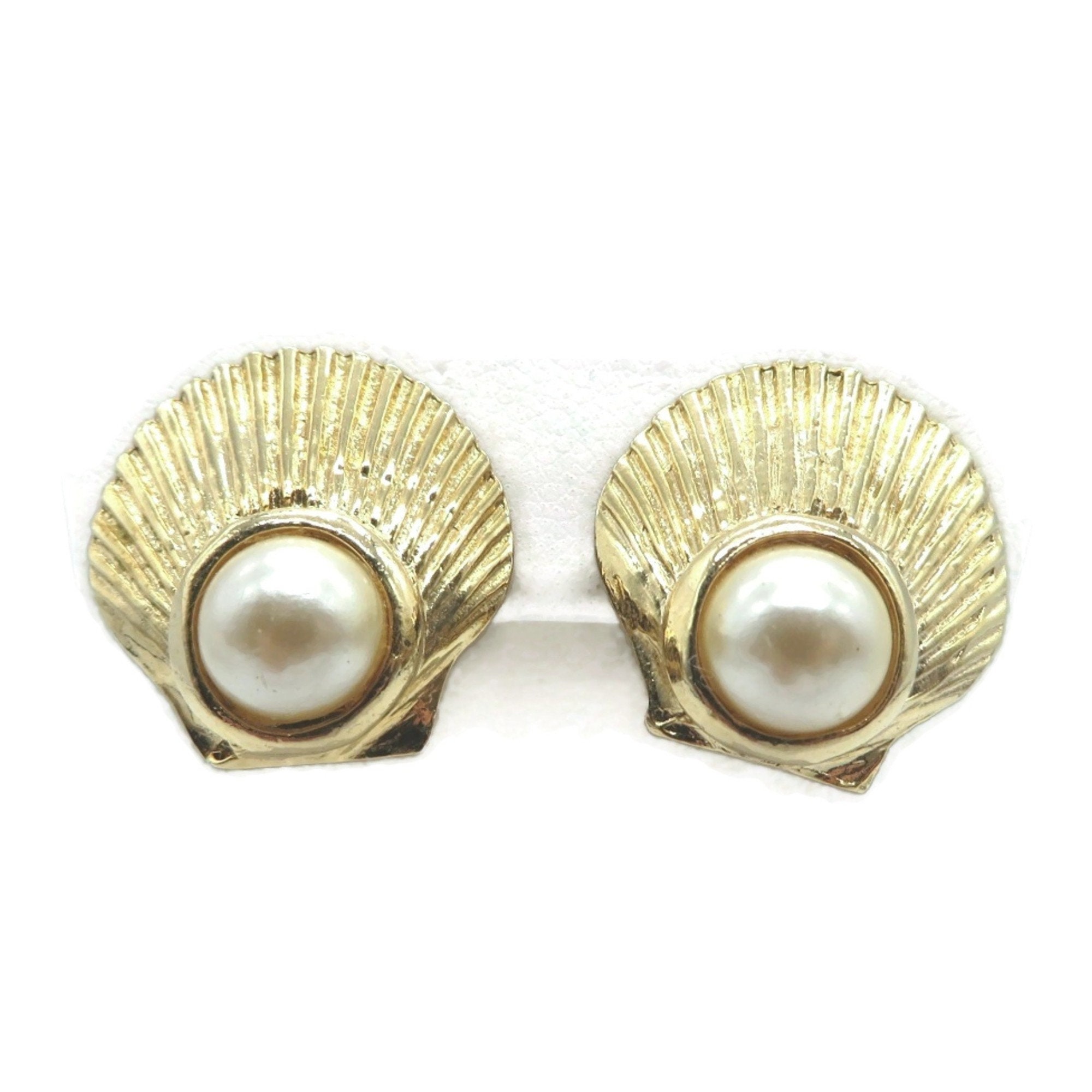 Vintage Chanel Paris Gold Plated Faux Pearl Camellia Flower Earrings
