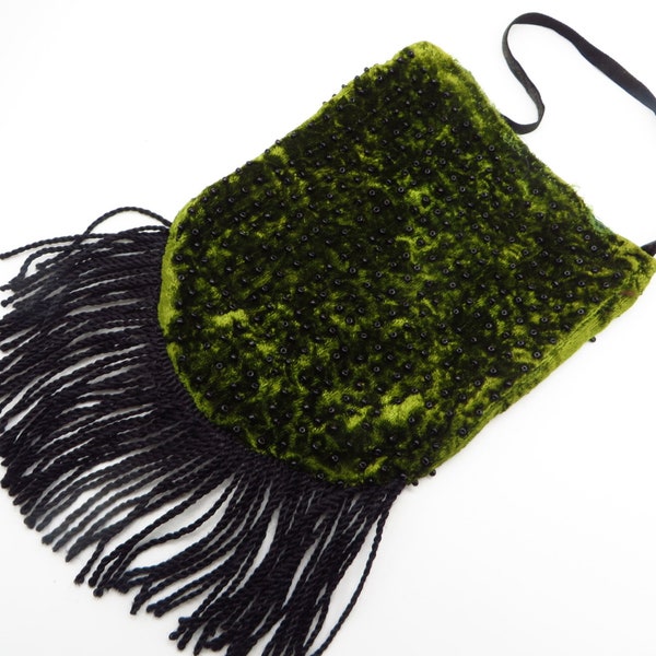 Vintage Evening Bag, 1930s Green Velvet Top Handled Fringed Purse