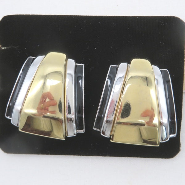 ALEXIS KIRK Modernist Earrings, Gold, Silver, and Black Clip-ons