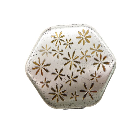 Vintage Compact Pilcher Hexagonal Silver Tone Flo… - image 1