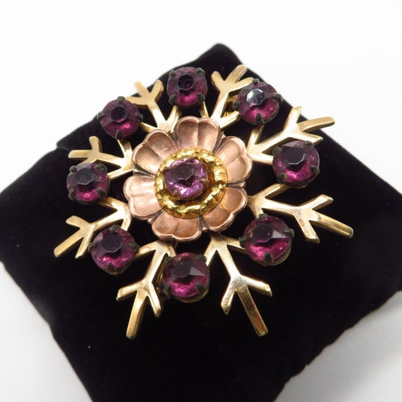 Vintage Purple Rhinestone Brooch, Gold Filled Flo… - image 4