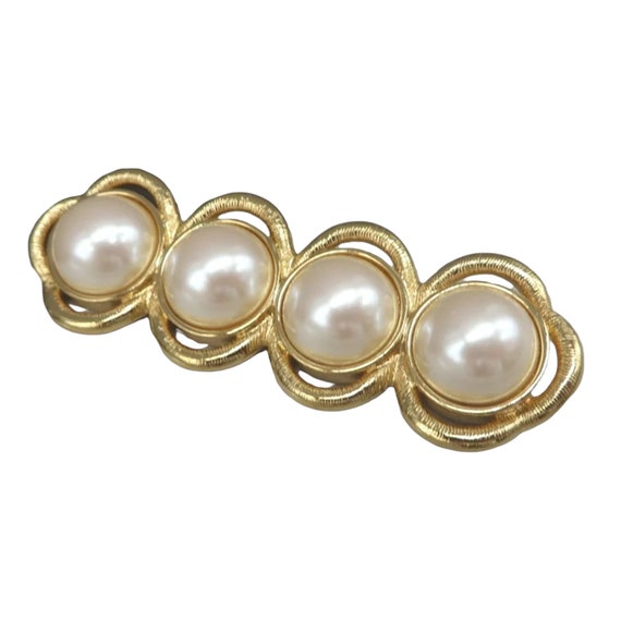 Vintage Bar Brooch, Monet Faux Pearl Gold Tone Pin - image 3