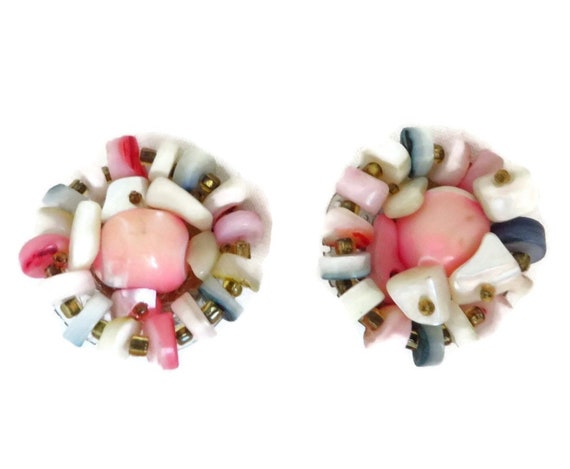 Pink Bead Cluster Earrings, Shells and Beads Clip… - image 4