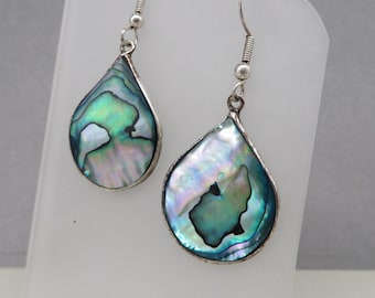 Vintage Abalone Shell Silver Earrings, Pierced Wire Dangles, Mexico Jewelry