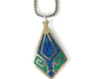 Vintage Pendant Necklace, Silver Tone Pendant Blue and Green Inlay, Korean Chain Link Necklace