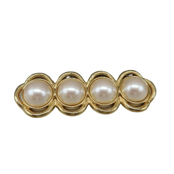 Vintage Bar Brooch, Monet Faux Pearl Gold Tone Pin - image 4