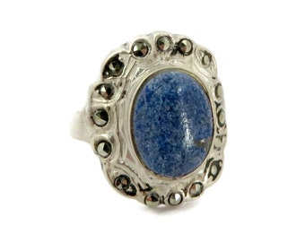 Sterling Silver Sodalite Ring. Marcasite Studded, Size 4