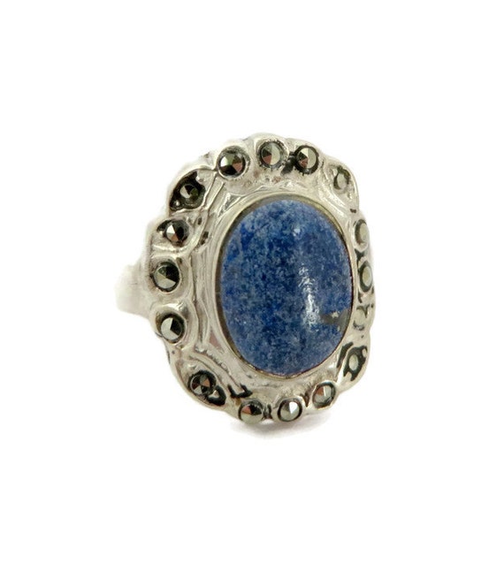 Sterling Silver Sodalite Ring. Marcasite Studded,… - image 1