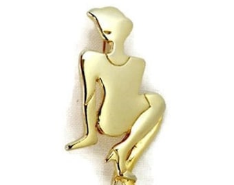 Vintage Sitting Lady Brooch, Gold Tone Silhouette Pin