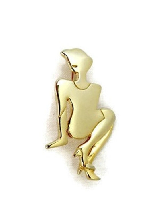 Vintage Sitting Lady Brooch, Gold Tone Silhouette 