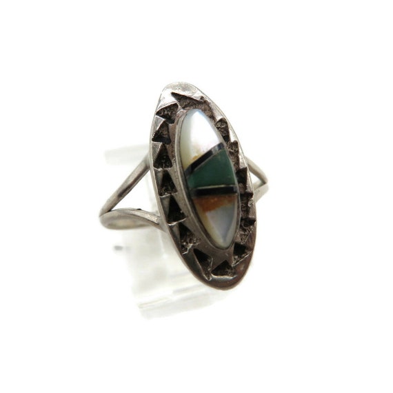 Vintage Sterling Silver Navajo Ring, MOP, Turquoi… - image 9