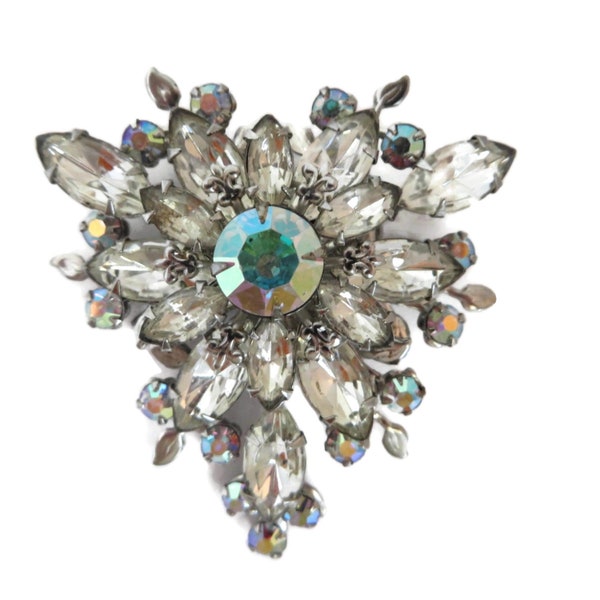 Judy Lee Rhinestone Brooch - Vintage Triangle Flower Pin - Signed Designer Jewelry