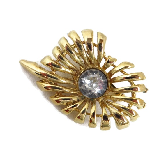 Vintage Rhinestone Center Gold Tone Spiky Flower … - image 2