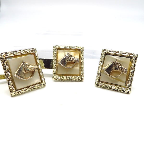 Vintage Cufflinks Tie Bar Set, Gold Tone MOP Horse Head Cuff Links and Tie Clasp