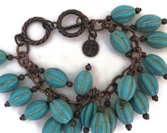 West & Co. Faux Turquoise Oval Beaded Bronze Tone Bracelet, Boho Style
