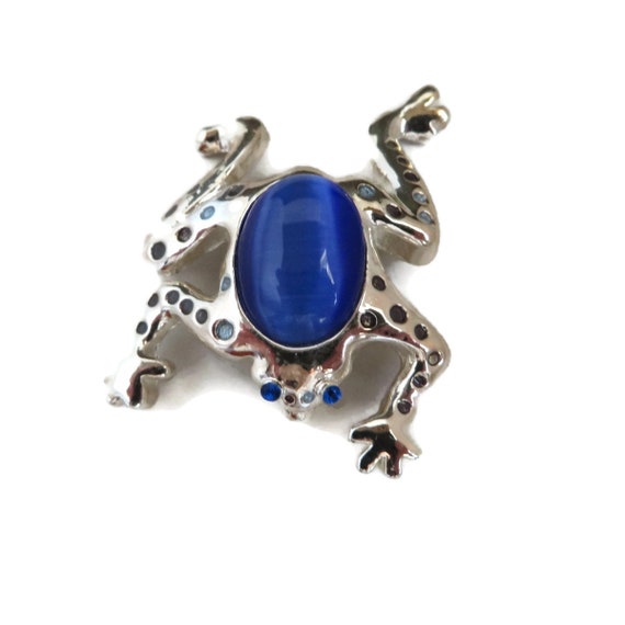 Vintage Frog Brooch AAI Blue Moonstone Rhinestone Studded Pin