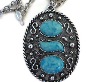 Sarah Coventry Necklace, Silver Tone Faux Turquoise Pendant Chain Link Necklace