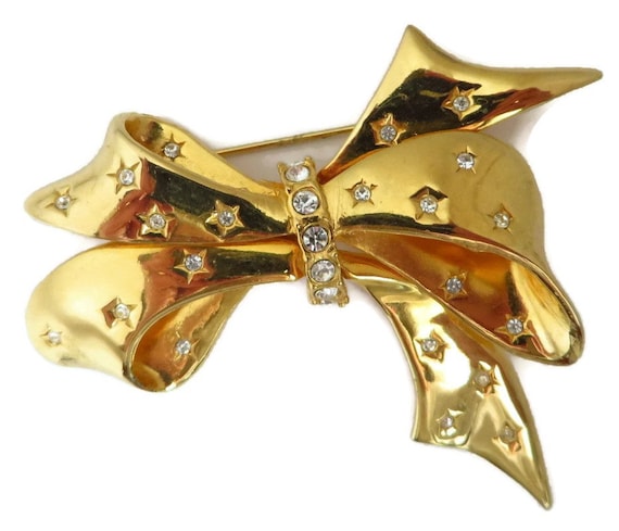 Joan Rivers Bow Brooch - Vintage Rhinestone Studde