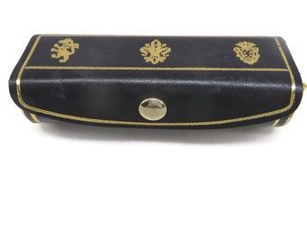 Italian Leather Lipstick Case, Brevettato Black and Gold Leather Mirrored Lipstick Holder, Made in Italy