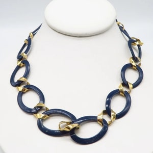 Monet Blue and Gold Chain Link Necklace Vintage Jewelry Gift for Her